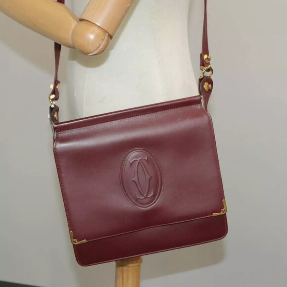 CARTIER Shoulder Bag Leather Bordeaux Gold Authentic - Picture 1 of 15
